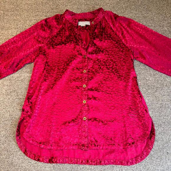 Anthropologie Velvet Jacquard Burnout Blouse Top Womens XS Burgundy Button Front - Picture 9 of 9